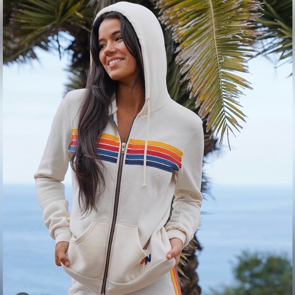 🌈 Aviator Nation Cream Rainbow Striped Hoodie - Picture 4 of 7